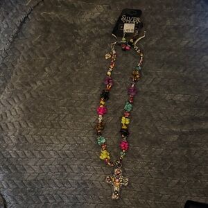 Silver Tone Multicolor Beaded Cross Necklace